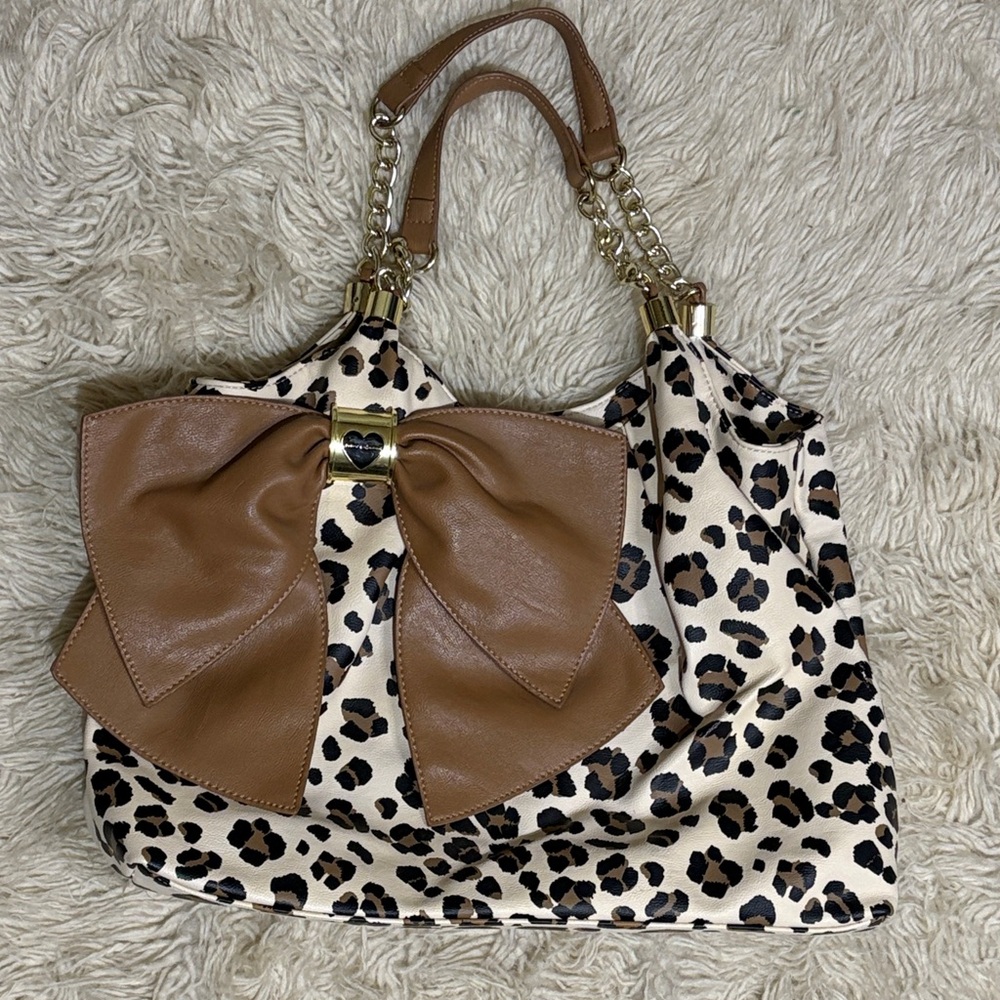 Betsey Johnson Leopard Print Tote Brown Bow Accent Women's Handbag purse